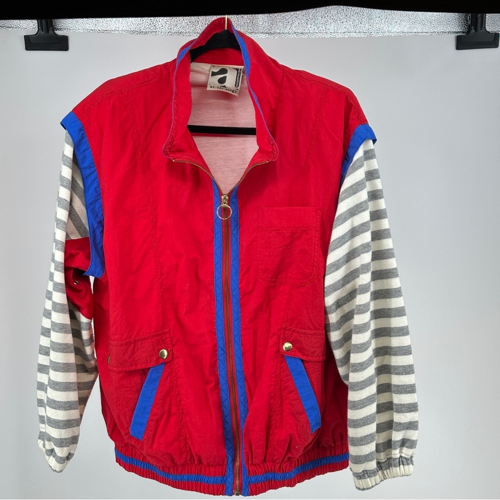 Vintage Women’s Large Red and‎ Blue Jacket with Striped Sleeves Sporty
